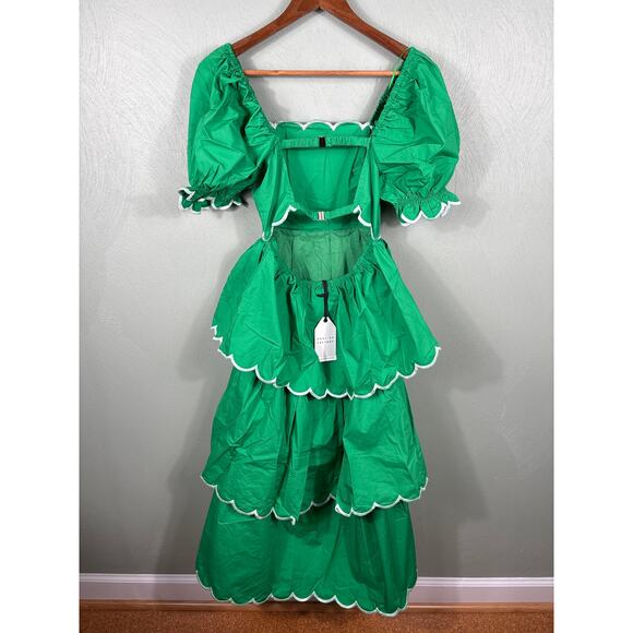 English Factory Women's Size XS Green Tiered Scalloped Puff Sleeve Maxi Dress - Picture 9 of 10